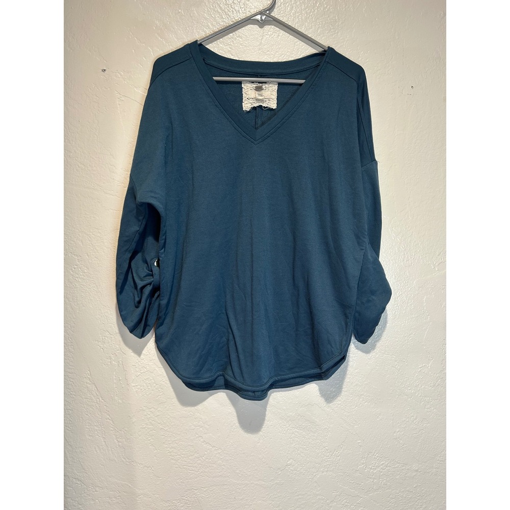 Cupio Womens Teal Blue V-Neck Roll Tab Sleeve Pullover Sweatshirt Medium